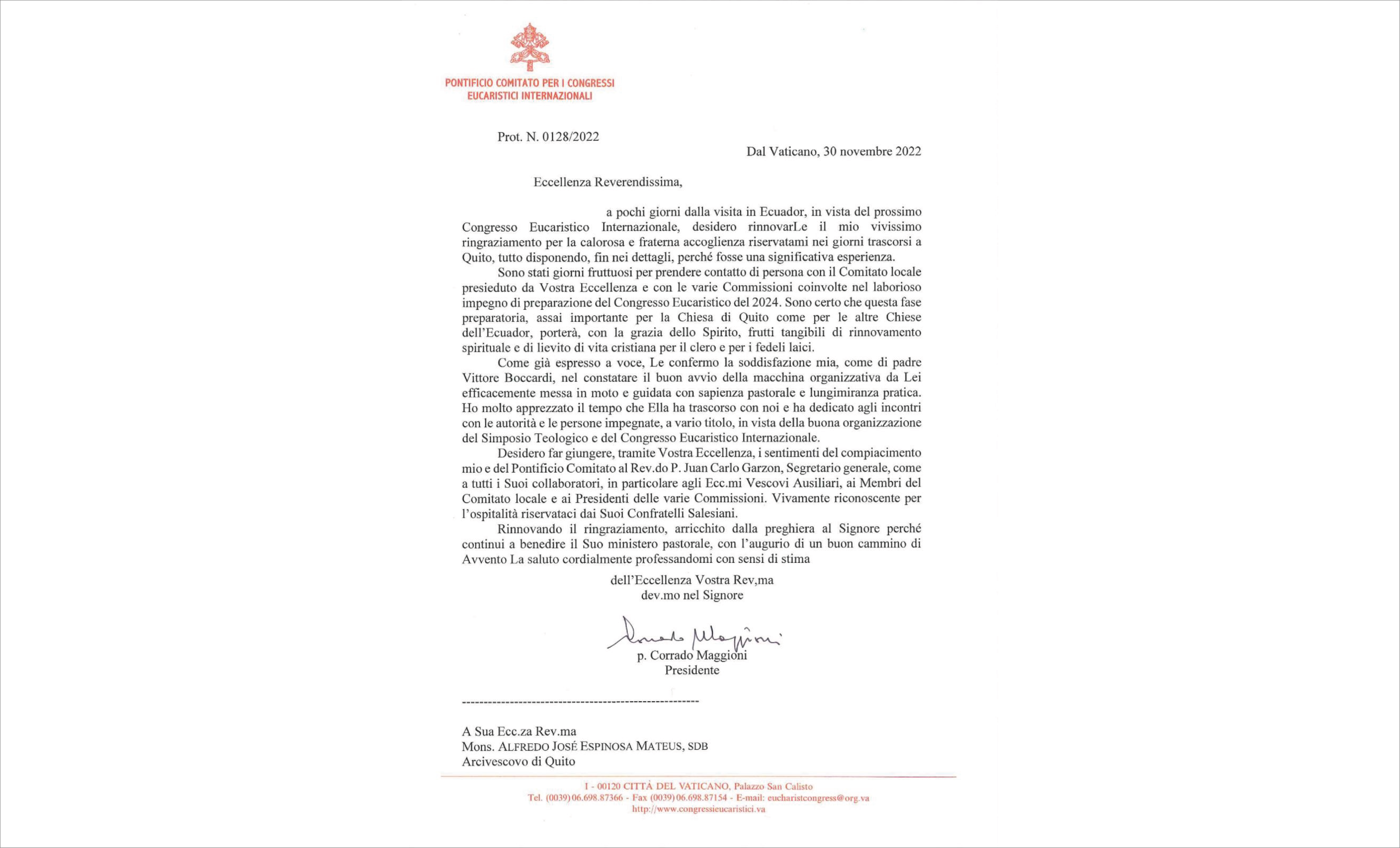 COMITÉ PONTIFICIO PARA LOS CONGRESOS EUCARÍSTICOS INTERNACIONALES AGRADECE LA CALIDEZ DE QUITO Y FELICITA LA ORGANIZACIÓN DEL IEC2024 COMITÉ PONTIFICIO PARA LOS CONGRESOS EUCARÍSTICOS INTERNACIONALES AGRADECE LA CALIDEZ DE QUITO Y FELICITA LA ORGANIZACIÓN DEL IEC2024